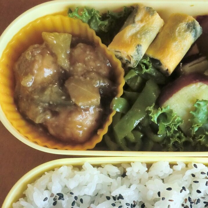 お弁当のおかず★なすあんかけ肉団子＆わかめ玉子焼き